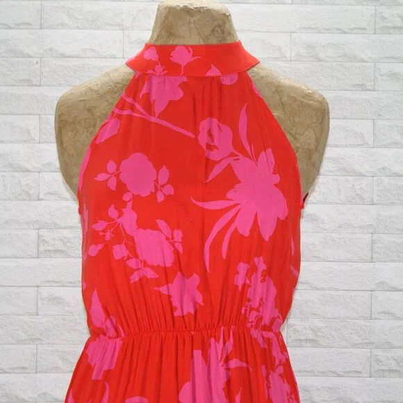 Dress Maxi Halter Floral Tiered Tropical Summer Sleeveless Orange Pink Small - Picture 2 of 15
